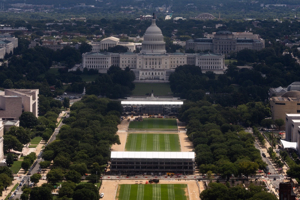 Construction for the Freedom 250 Grand Prix on the National Mall is seen from the Washington Monument (AP)