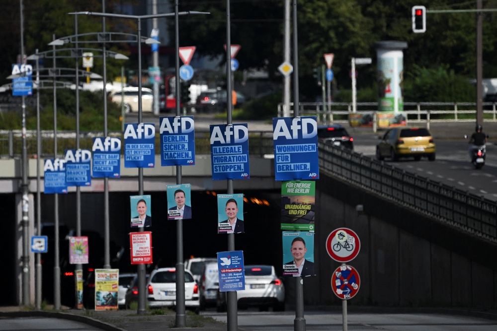 Campaign posters of the Alternative for Germany party in Berlin on 3 August (Reuters)