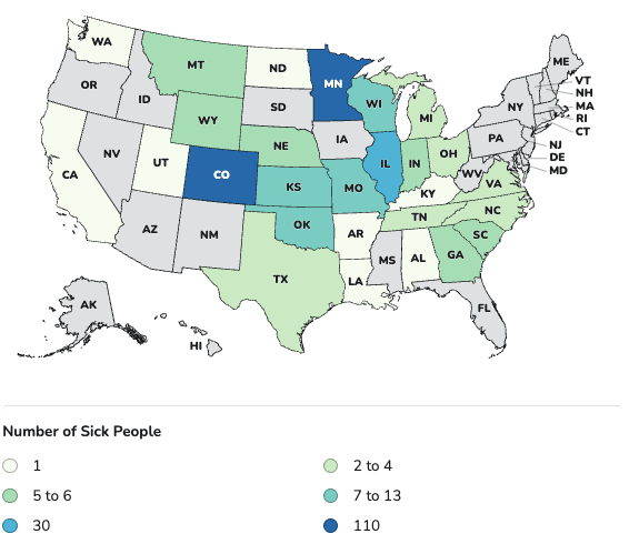 Most of the outbreak’s cases are located in Colorado and Minnesota, according to the CDC (CDC)