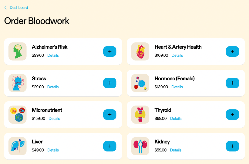 Alongside the free panel that you get with DeathClock and which predicts your 'biological age', there are a number that you can add to your basket and quickly have done, depending on your own levels of hypochondria and/or any concerning results you've seen elsewhere (Brent Franson, DeathClock)