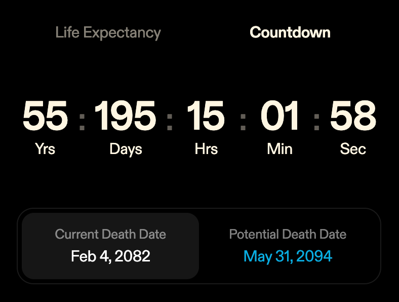 The app features a memento mori in form of a live countdown to your death, perhaps not advised to linger upon if your 'Stress' panel shows raised cortisol (Brent Franson, DeathClock)