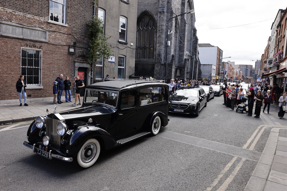 The cortege leaving St Catherine’s Church in Dublin after the funeral of Oscar-winning actress Brenda Fricker. (Damien Eagers/PA) (PA Wire)