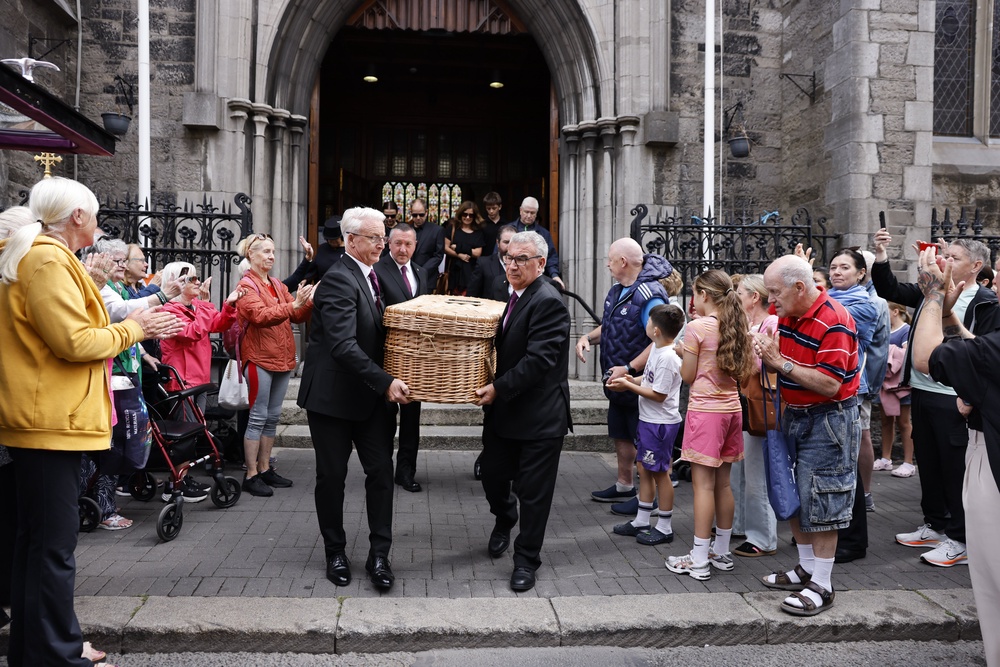 The coffin is taken from St Catherine’s Church in Dublin after the funeral of Oscar-winning actress Brenda Fricker (Damien Eagers/PA) (PA Wire)