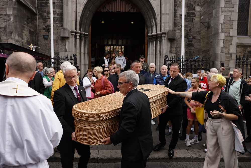 The coffin is taken from St Catherine’s Church in Dublin after the funeral of Oscar-winning actress Brenda Fricker (Damien Eagers/PA) (PA Wire)