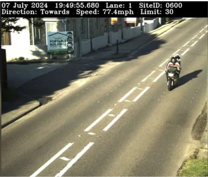 Barnaby Bowers-Hall admitted to speeding after a fixed camera on Longdowns caught him riding his motorcycle above the 30mph limit 36 times between 23 May and 2 August 2024 (Devon and Cornwall Police)