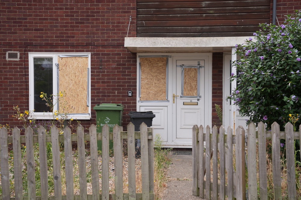 Damage caused to a house on Bracken Road following disorder in Thetford, Norfolk (PA)