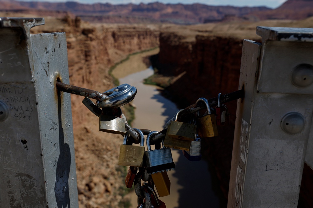 Love locks are seen on the historic Navajo Bridge over the Colorado River on July 31, 2026 in Marble Canyon, Arizona (Getty)