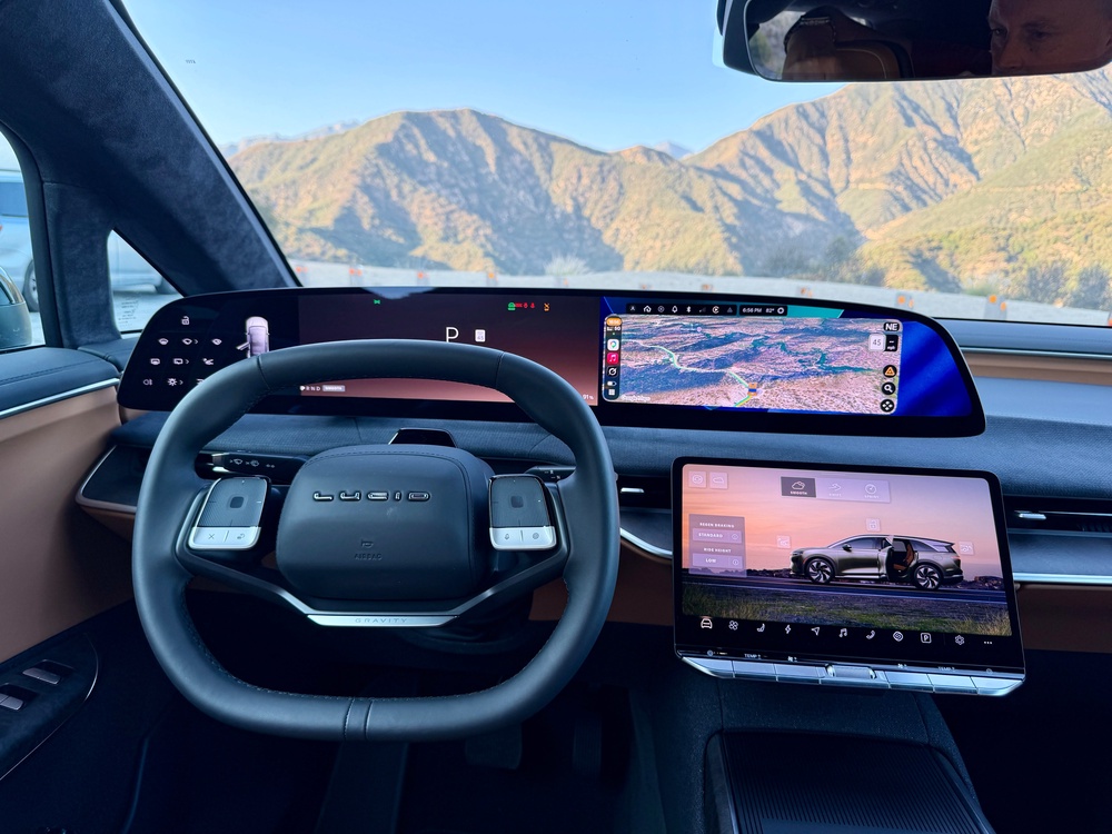 Tech highlights in the Lucid Gravity include a 34-inch curved OLED screen with a second screen below and handy fast keys, plus a Dolby Atmos-equipped 22-speaker audio system (Steve Fowler)