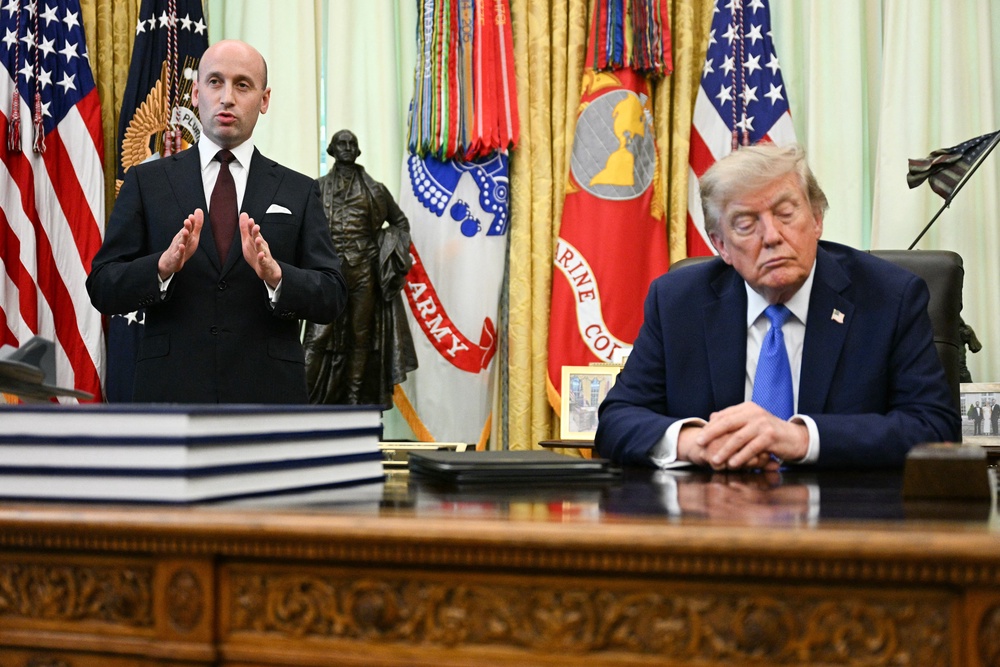 President Donald Trump looks on as White House Deputy Chief of Staff Stephen Miller speaks on new executive orders about birthright citizenship - despite a Supreme Court ruling (AFP/Getty)