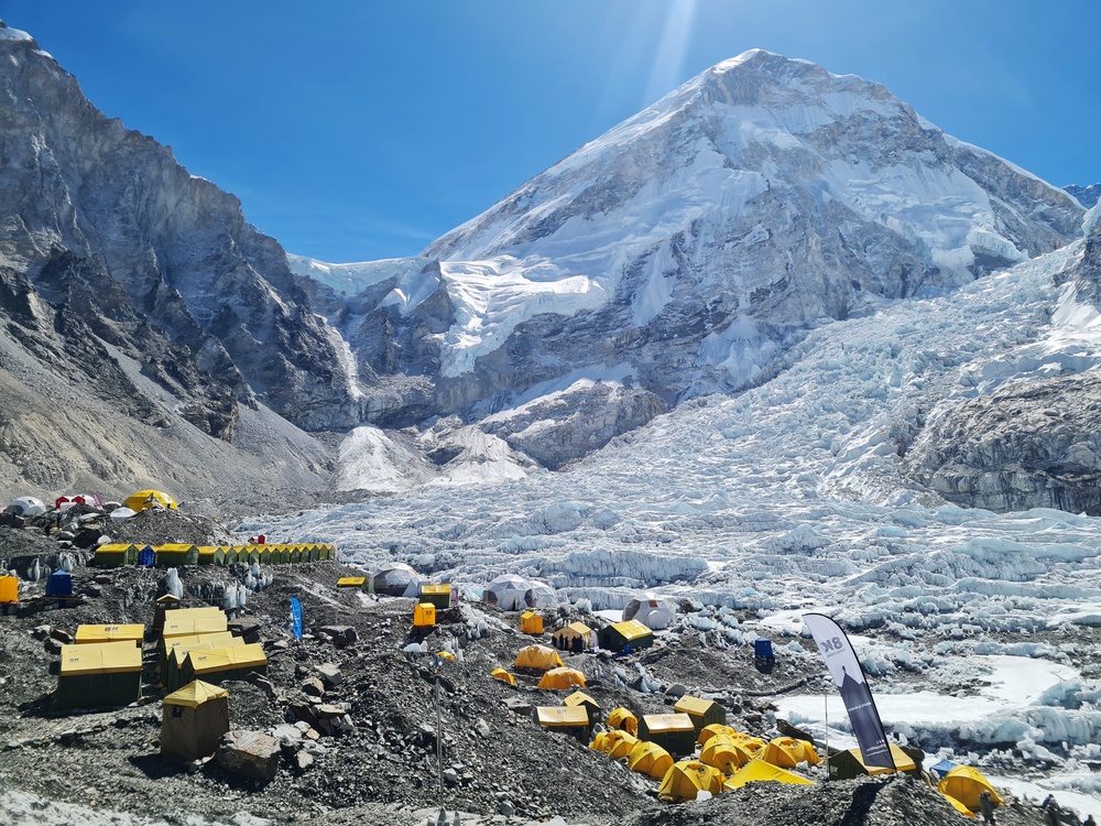 Authorities hope to send out a rescue mission to recover the body by September (Base camp pictured in 2024) (AFP/Getty)
