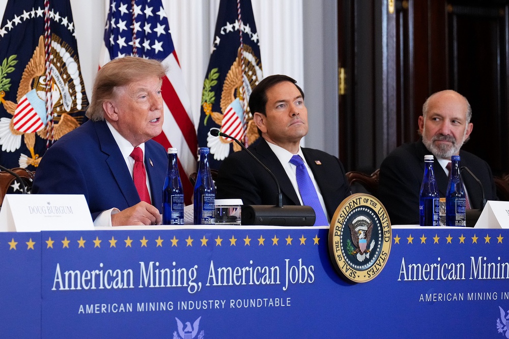Trump attended the event as his administration aims to secure additional supplies of critical minerals in an effort to replenish weapons stockpiles that have been depleted during the US conflict with Iran (Getty)
