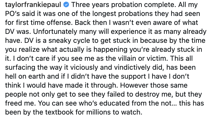 Taylor Frankie Paul has spoken out after she completed the terms of her three-year probation (Instagram via @taylorfrankiepaul)