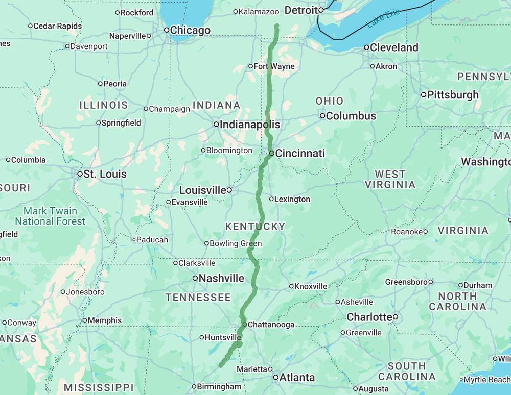 Map of the 127 Yard Sale route from Addison, Michigan, to Gadsden, Alabama (127 Yard Sale)
