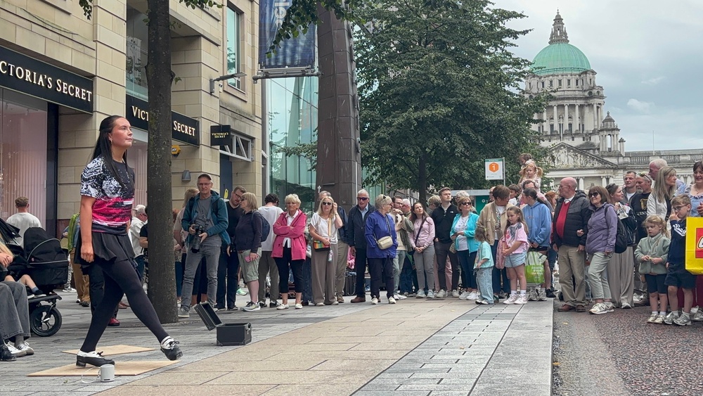 Performers in Belfast city centre during the penultimate day of the Fleadh. (Rebecca Black/PA)