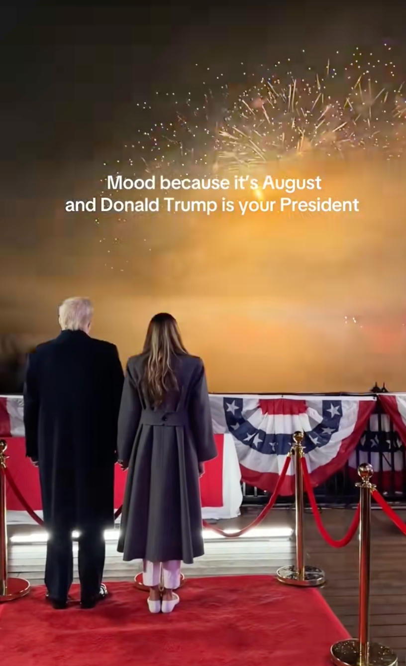 The TikTok account @TeamTrump shared a video soundtracked to the song, depicting Donald and Melania Trump standing on a balcony watching fireworks with the text: ‘Mood because it’s August and Donald Trump is your president’ (TikTok @TeamTrump)