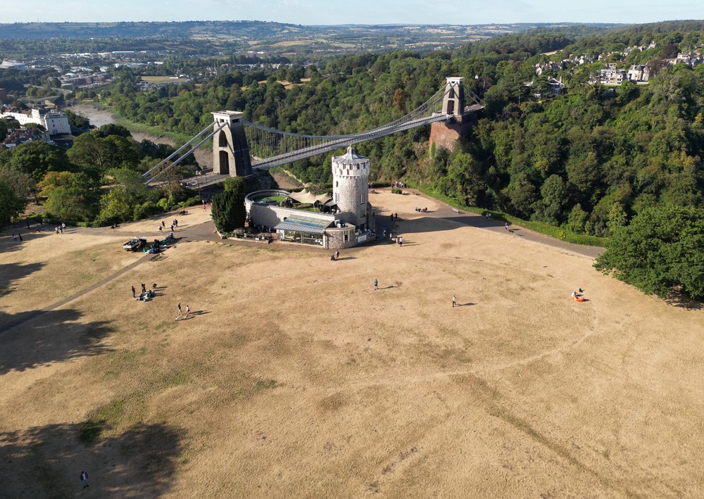 A drone view shows parched parkland around the Clifton Observatory in Bristol on Sunday (Reuters)