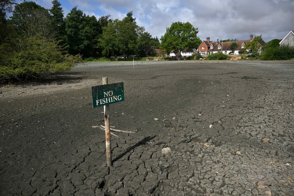 A 'No Fishing' sign is pictured in the dried up Falmer Pond in Falmer, East Sussex (AFP/Getty)