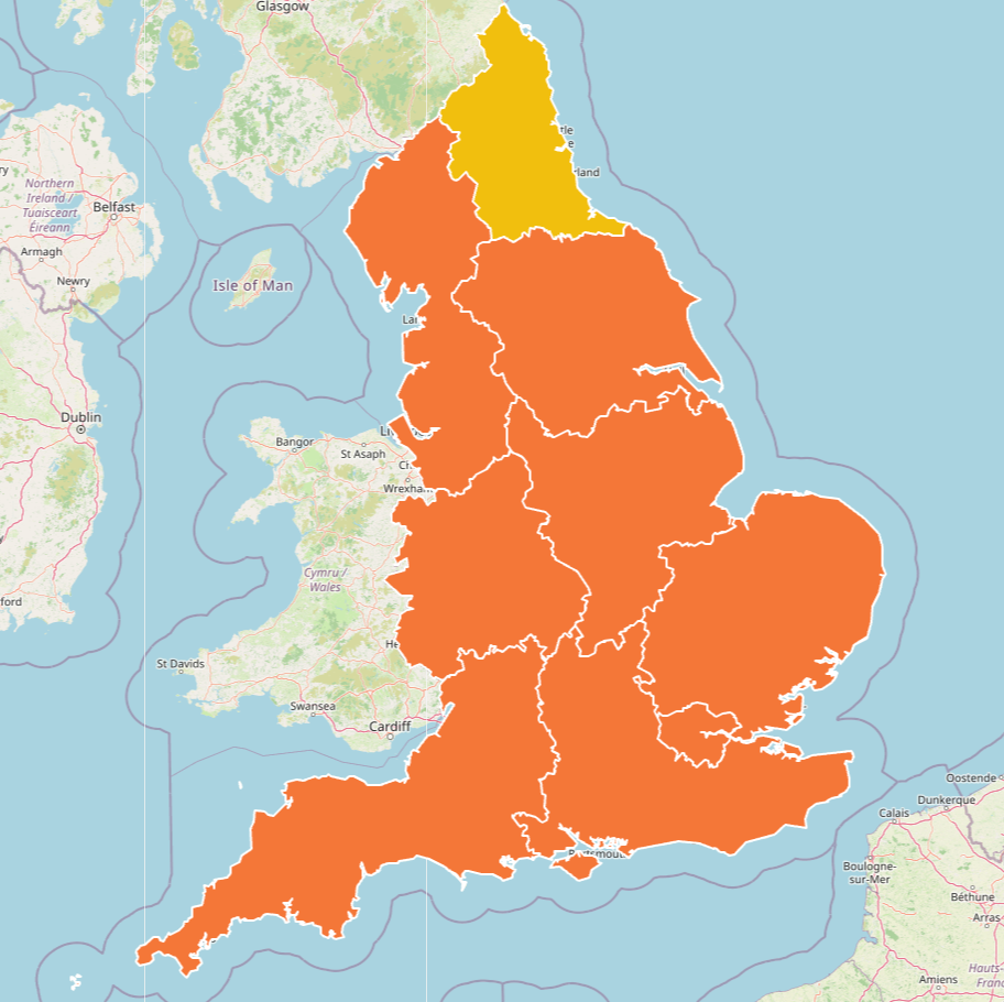 Yorkshire and the Humber, the north west of England, the east and west Midlands, London, and the south east and south west of England are all under amber heat health alert (UKHSA)