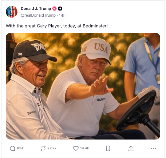 Trump appeared to have undergone an glow-up, while Player appeared essentially the same as he did in the original image (@realDonaldTrump/Truth Social)