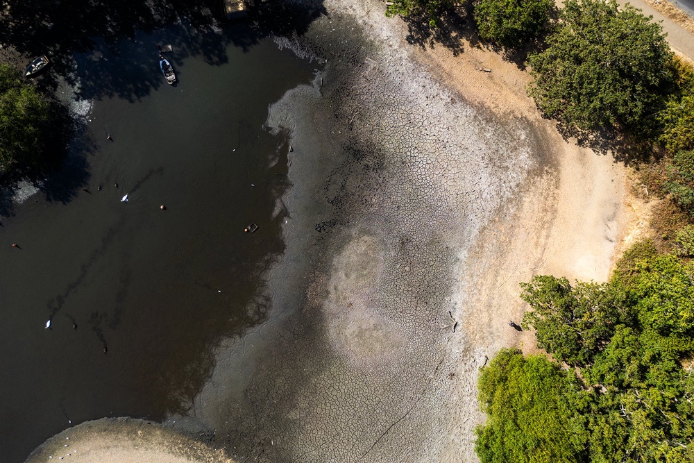 An aerial view shows the dried and cracked bed of the depleted Hollow Pond and Leyton flats near Wanstead, east London (AFP/Getty)