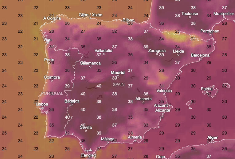 Spain will experience scorching temperatures, especially on Thursday (Ventusky.com)