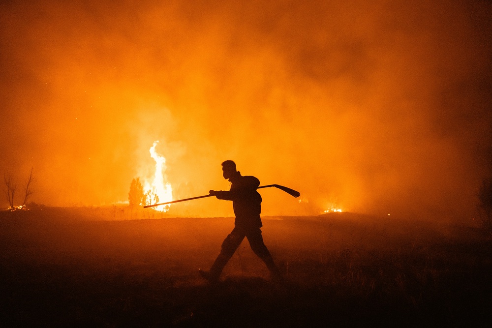A firefighter battles a wildfire in Deliblatska Pescara (Deliblato Sands), near the village of Dubovac, some 70 kilometres northeast of Belgrade, Serbia (AFP/Getty)