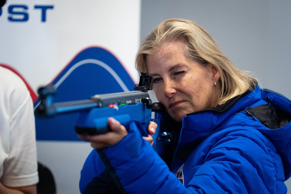 The Duchess of Edinburgh tries her hand at laser shooting during the event (Aaron Chown/PA) (PA Wire)
