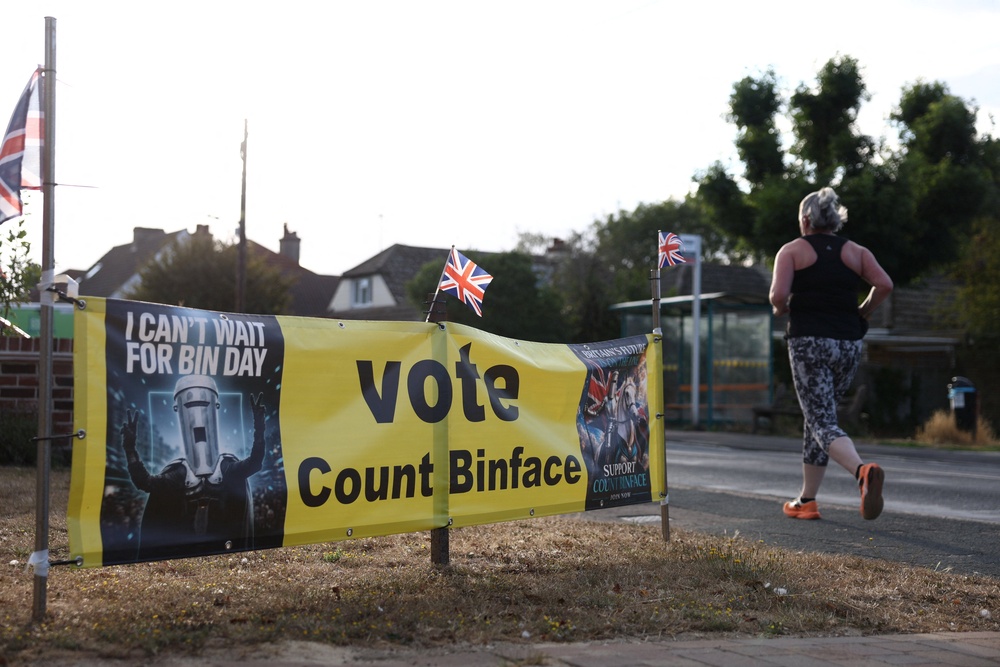 Count Binface signage in Kirby Cross, ahead of a by-election triggered by Reform UK party leader (Reuters)
