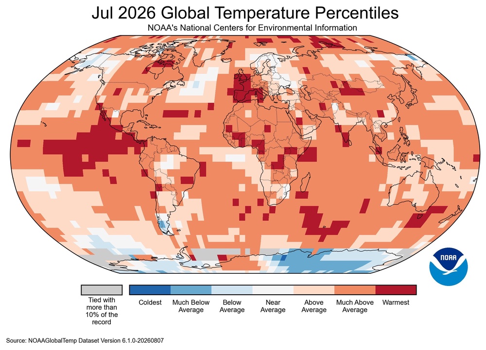 A graph from NOAA's National Centers for Environmental Information shows where global temperatures were the warmest, in dark red, during the month of July (NOAA NCEI)