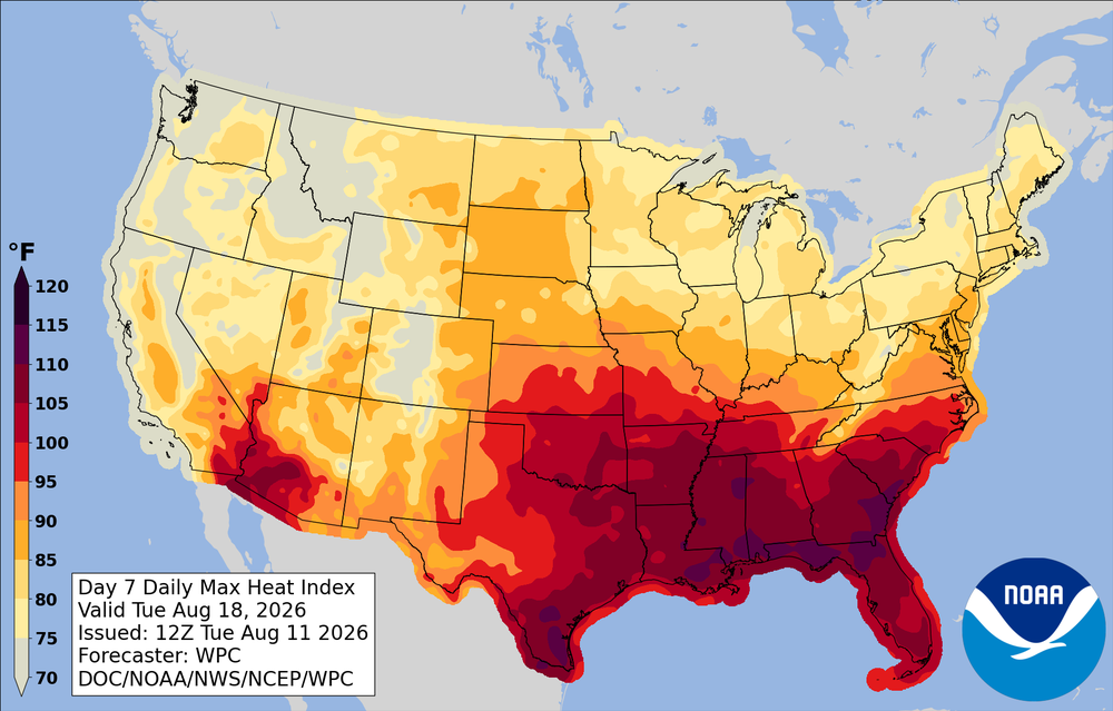 This map from the National Weather Service Weather Prediction Center shows heat forecast in the US in the coming week (NWS Weather Prediction Center)