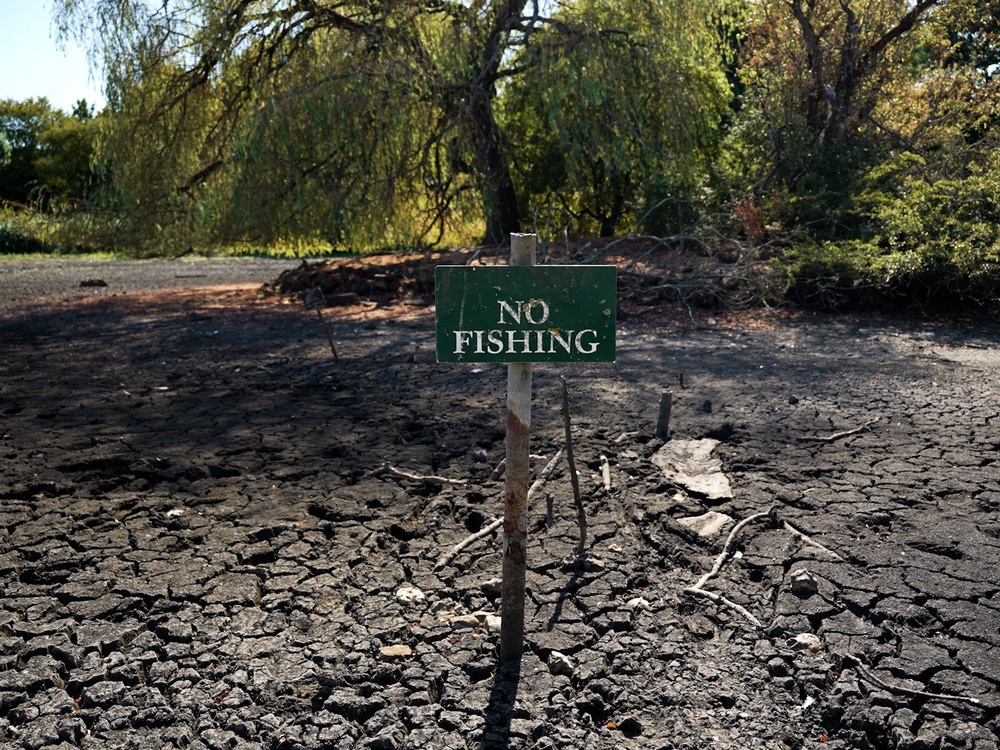 Falmer Pond in East Sussex is so dry the surface is cracked (PA)