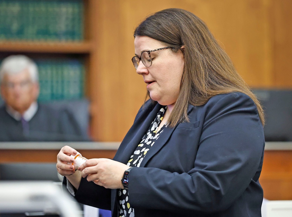 Prosecutor Jennifer Sprague questions Dr. Jennifer Tufts about medication that Lindsay Clancy was prescribed (Greg Derr/The Patriot Ledger via AP)