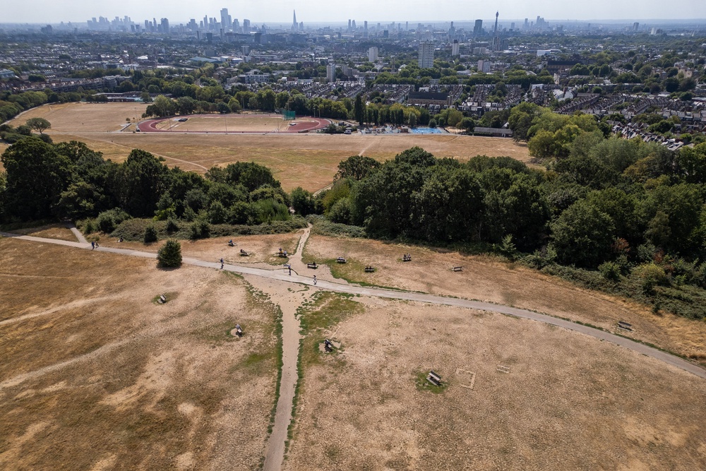 An aerial view shows the dirt paths and scorched grass of Parliament Hill on Hampstead Heath l (AFP/Getty)