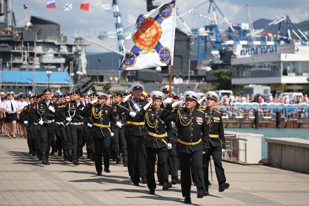 File image: Russian sailors and marines parade during Navy Day celebrations in the port city of Novorossiysk on 30 July 2023 (AFP/Getty)