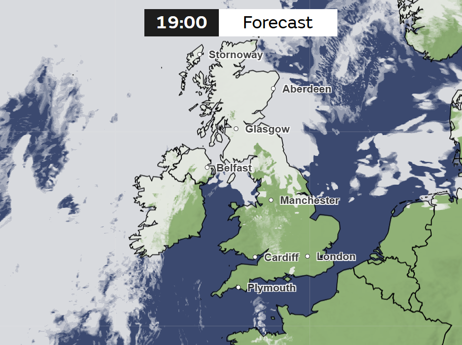 Clear skies are forecast for most of England and Wales at 7pm on 12 August, 2026 (Met Office)