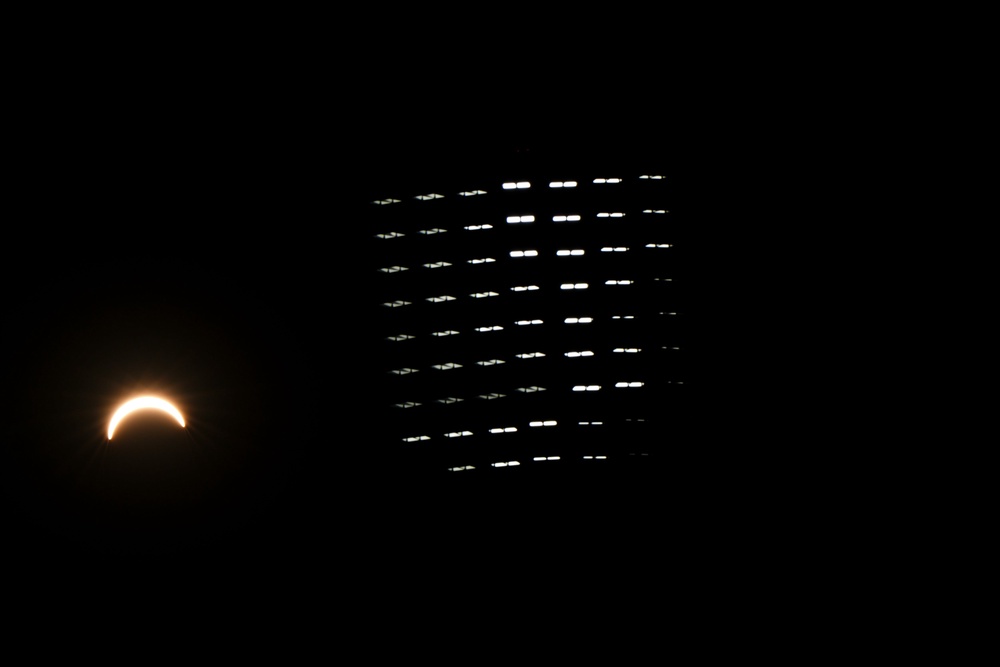 The solar eclipse as seen from Perry Barr's Alexander Stadium, Birmingham (Martin Rickett/PA Wire)