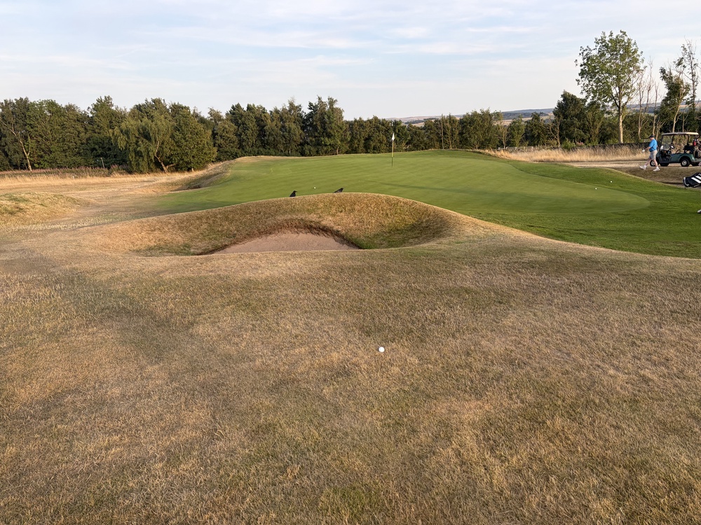 Crosland Heath Golf Club in Huddersfield showing dry parched grass on the fairway and a lush putting green (Ashley Broadley/PA)