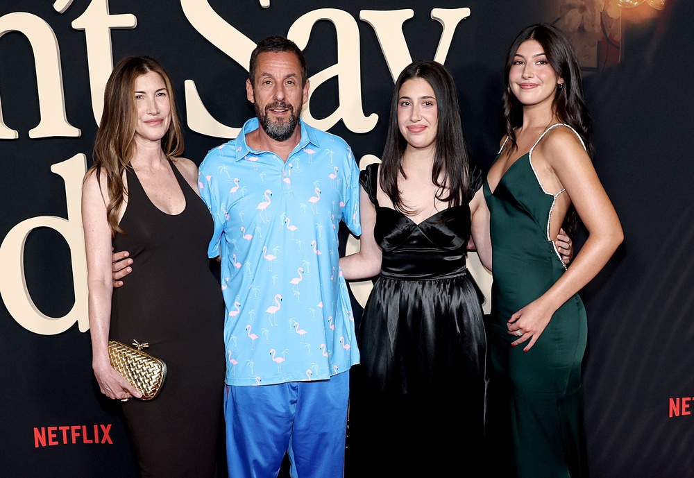 Jackie (left) and Adam Sandler have two daughters, Sadie and Sunny (far right) (Getty)