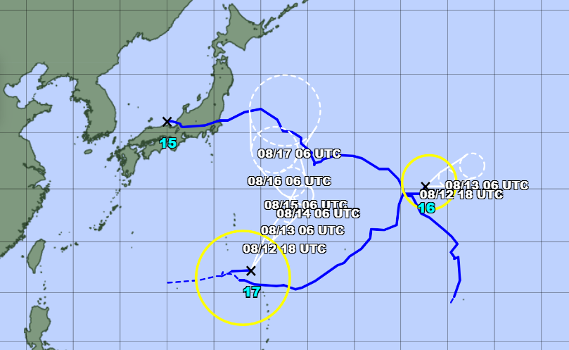 Map shows Chan-Hom, 15, which crossed Japan; Peilou, 16, which turned eastwards; and Nangka, 17, which was newly formed on Wednesday (Japan Meteorological Agency)