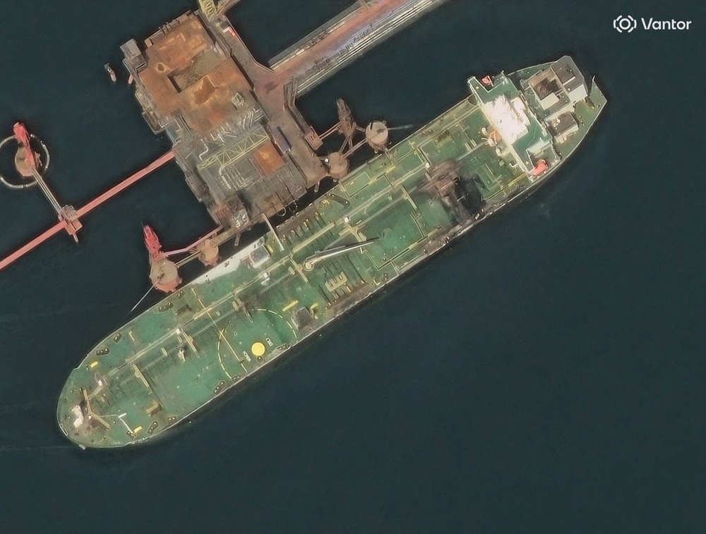 A satellite image shows an oil tanker damaged following a Ukrainian drone and missile attack in the course of the Russia-Ukraine conflict, in Novorossiysk, Krasnodar region (Vantor)