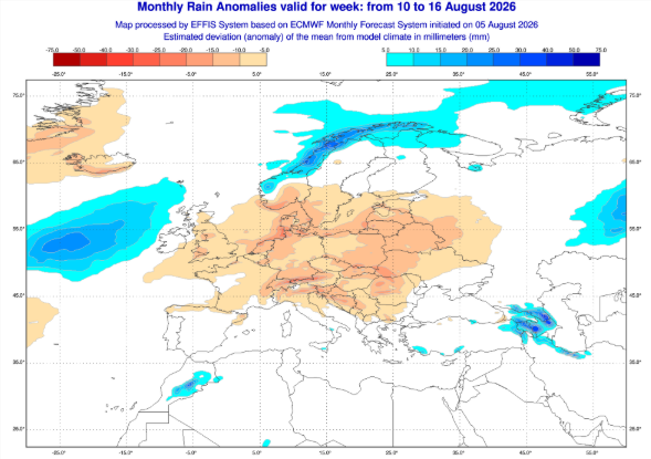 Europe's summer has also been unusually dry, with red areas on the map showing areas with below average rainfall (Copernicus EFFIS)