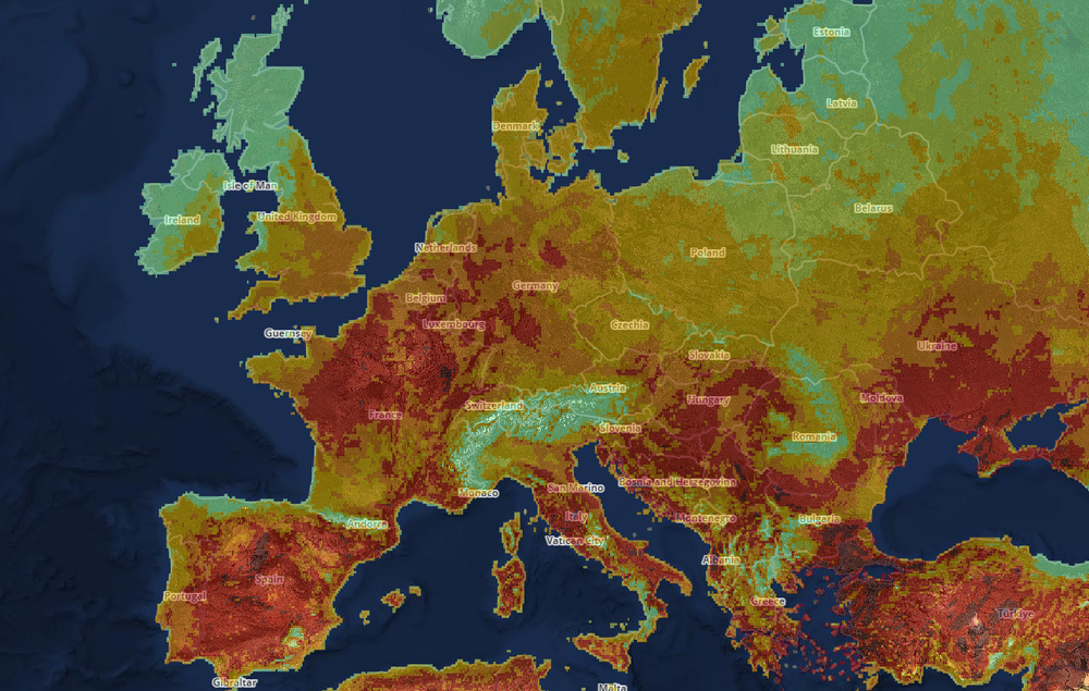 Large swathes of the continent remain under ‘very high’ wildfire risk, with some patches (shown in dark red) at ‘extreme’ risk (Copernicus EFFIS)