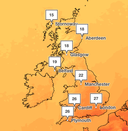 Temperatures are expected to drop to the mid 20C on Saturday (Met Office)