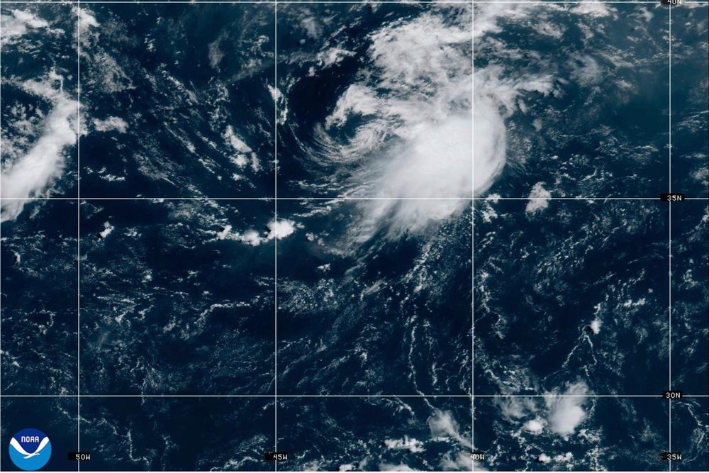 This NOAA satellite image taken at 11:21 a.m. EST on Wednesday, Aug. 12, 2026, shows Tropical Storm Cristobal in the Atlantic Ocean. (NOAA via AP) (NOAA)