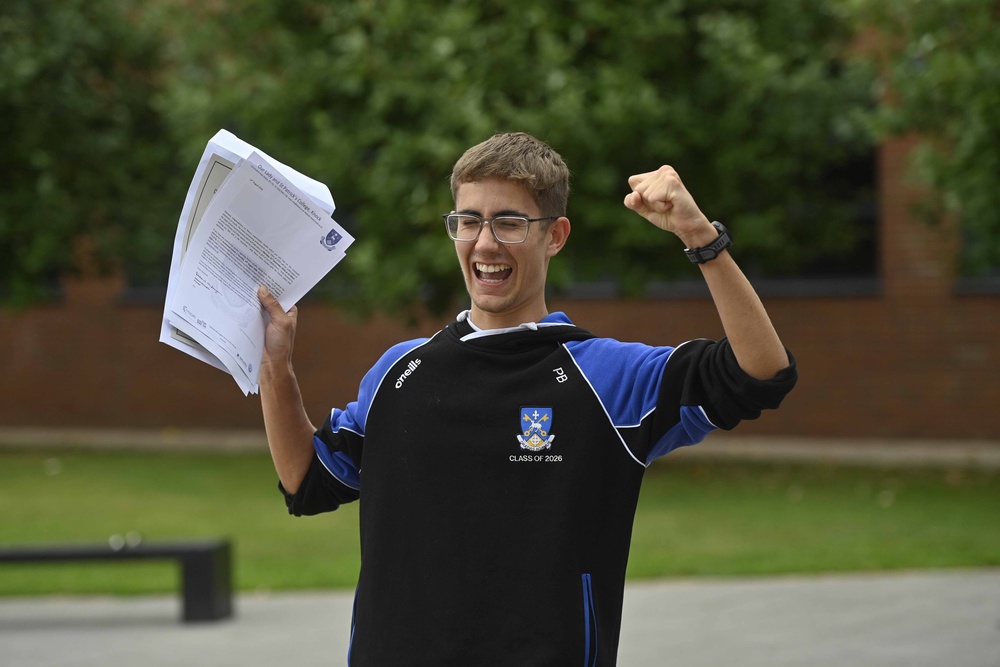 Student Pierre Berthelot celebrates his A-level results at Our Lady and St Patricks College Knock in Belfast (Mark Marlow/PA) (PA Wire)