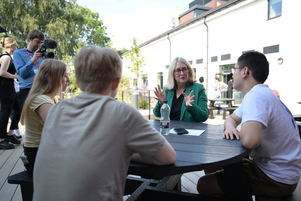Baroness Smith chatting with students at Bury College in Bury (Gary Oakley/PA) (PA Wire)