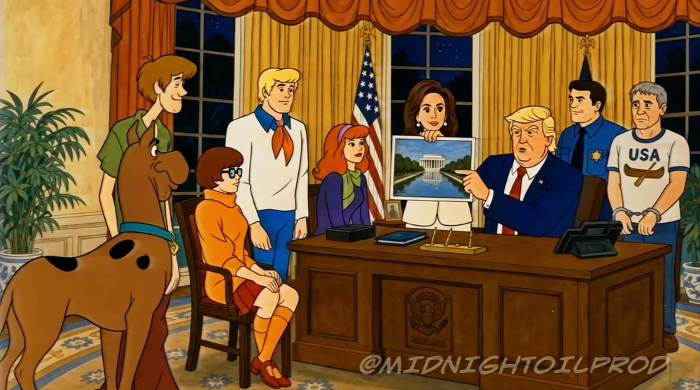 A graphic artist created a parody Scooby-Doo episode where President Donald Trump enlists the gang to solve the mystery of the Reflecting Pool (Midnight Oil Productions, YouTube)