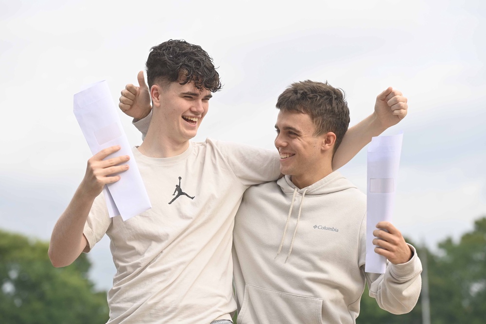 Students Ruairi Coyle and Michael Allena celebrate their A-level results at Our Lady and St Patrick’s College Knock in Belfast (Mark Marlow/PA) (PA Wire)