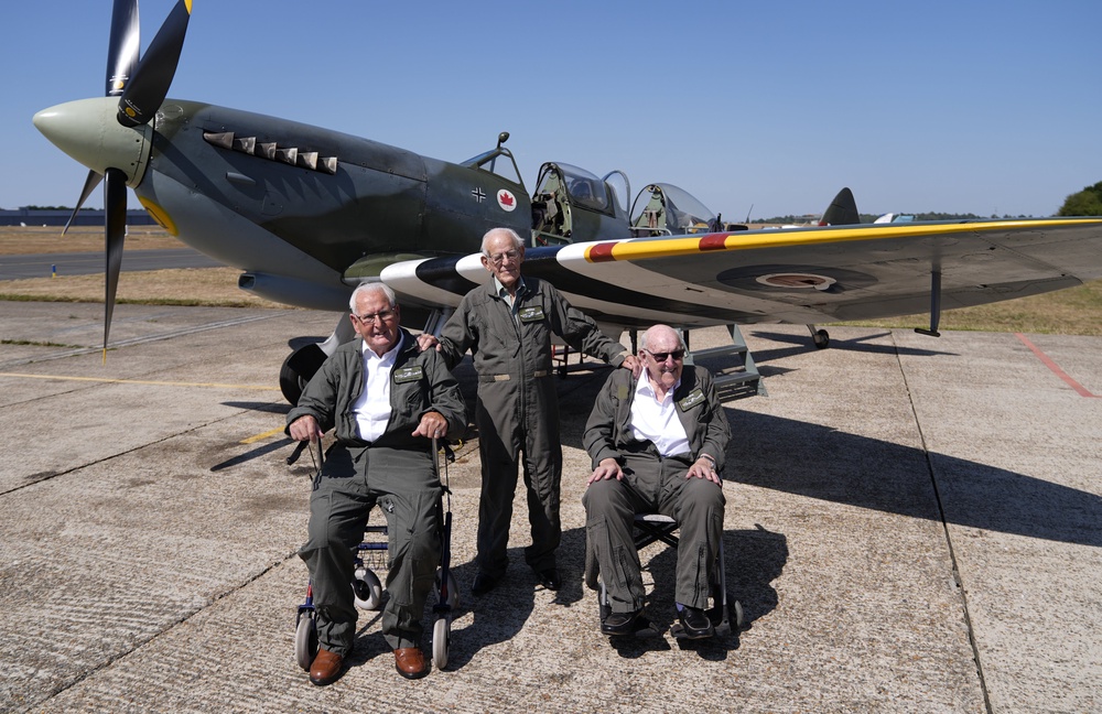 From left, Ivan Staines, 99, Paul Terry, 101, and Alfred Cooley, 100 (Andrew Matthews/PA) (PA Wire)