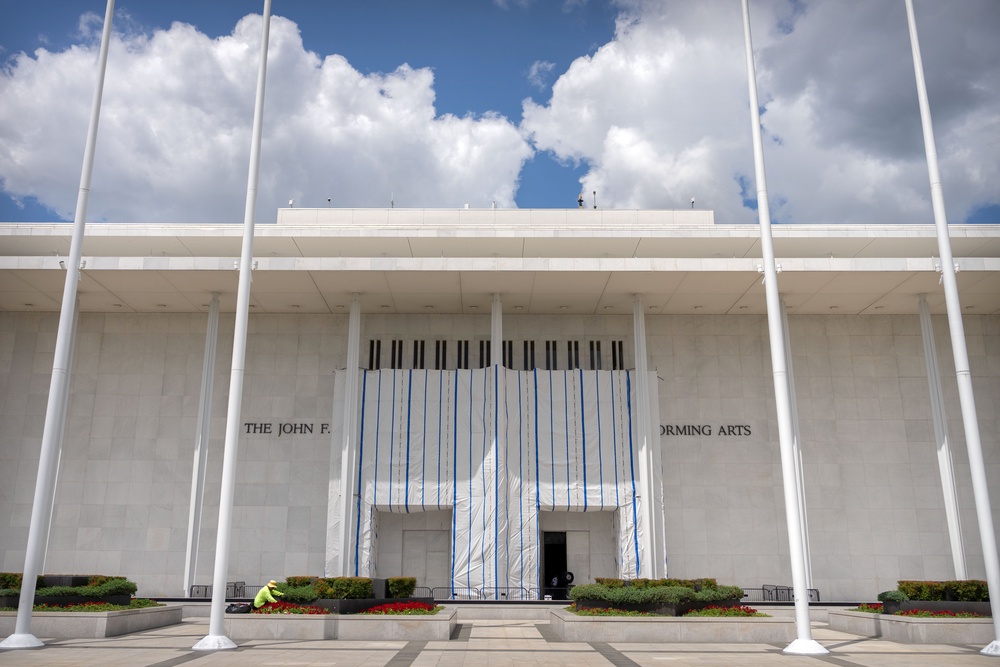 A massive white tarp and scaffolding are still covering the venue’s signage, where workers were ordered to remove letters from the facade after the president ordered the building to be renamed ‘The Donald J. Trump and John F. Kennedy Memorial Center for the Performing Arts.’ (Associated Press)